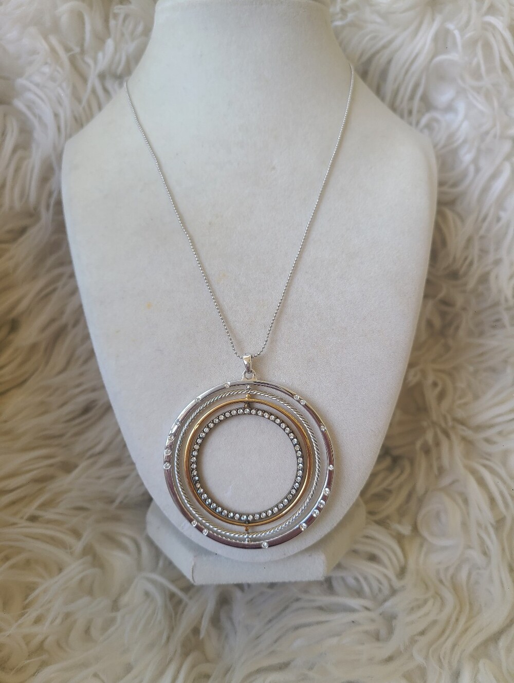 Touchstone Crystal Silver and Gold Toned Layered Circle Pendant Necklace
